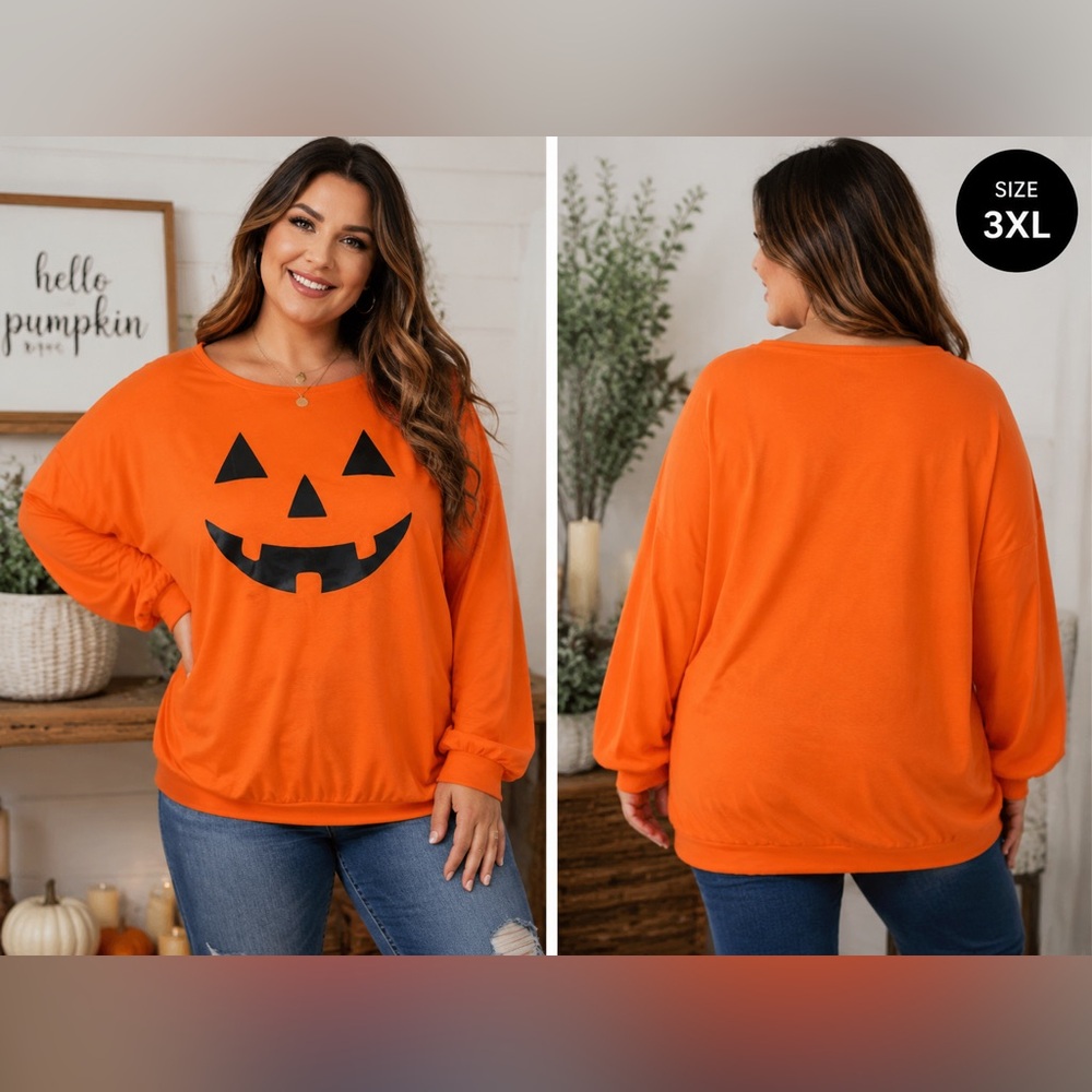 Haute Halloween Long Sleeve Top 3X Pumpkin Jack-O-Lantern Face Plus Size Shirt